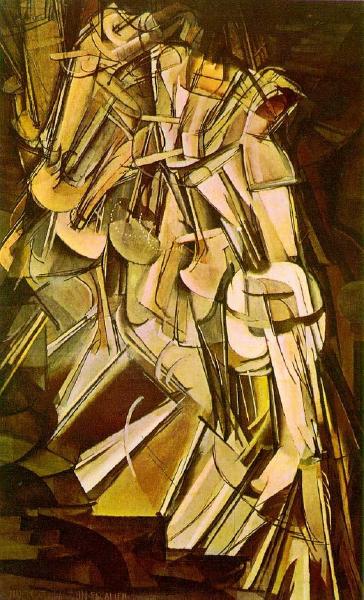 cubist painting--superimposed images of a person
          descending a staircase