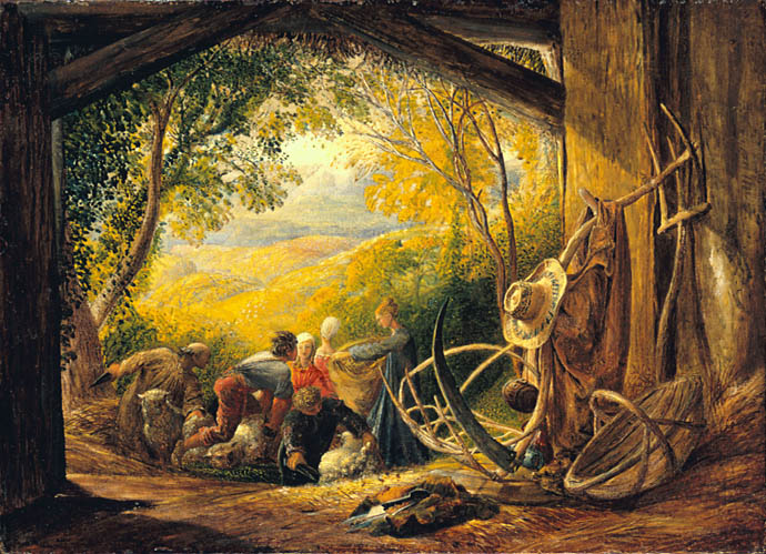painting of farm workers shearing sheep
