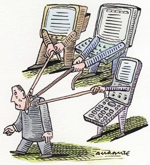 cartoon of man controlled by his gadgets