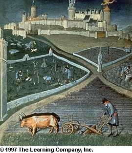 castle with fields and ox drawn plow