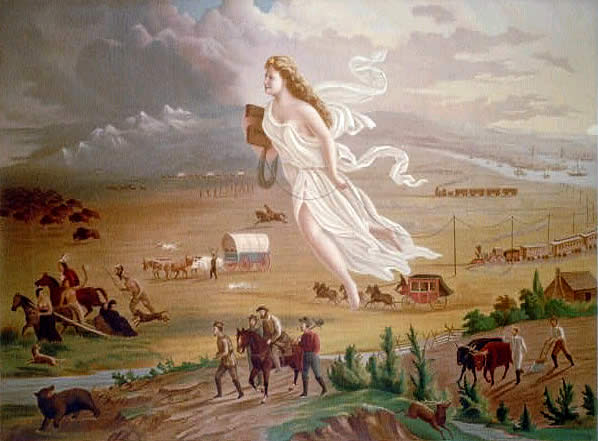 goddess-like figure of progress over pioneers moving
              west