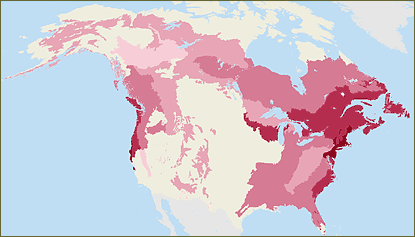 map showing percent of non-native trees in forests