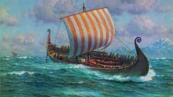 Viking ship with one square sail and steering oar