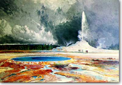 watercolor of geyer and hot springs by Thomas
                    Moran
