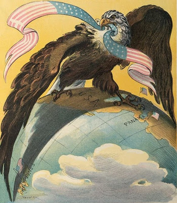 historic cartoon of an eagle on a
          globe, looking powerful