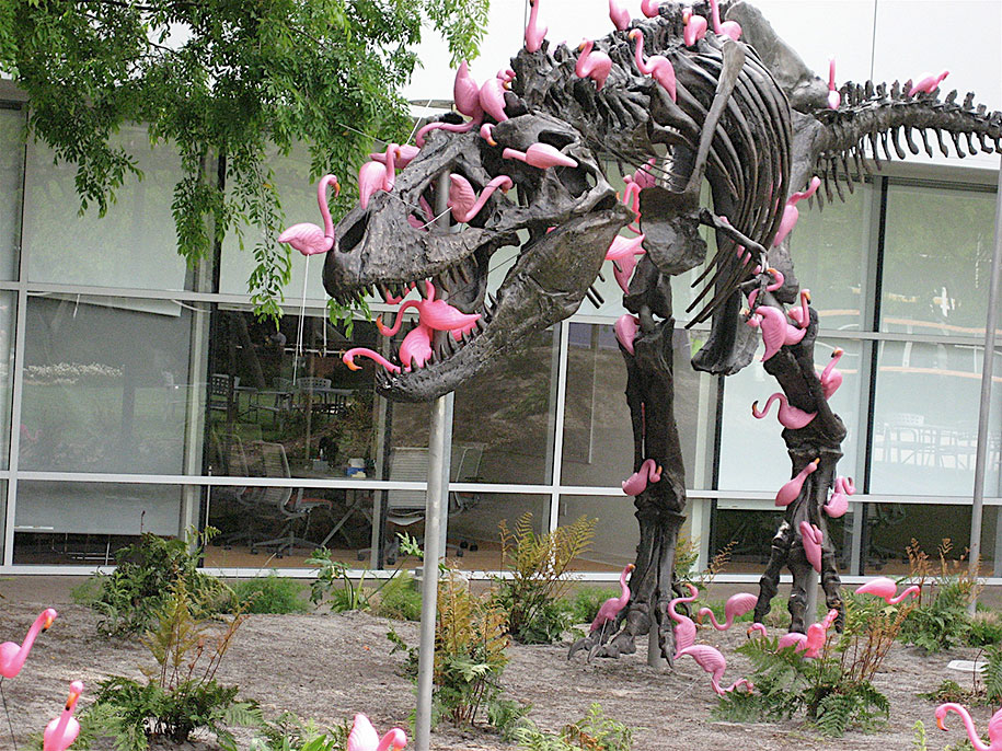 pink flamingos on statue at Google headquarters